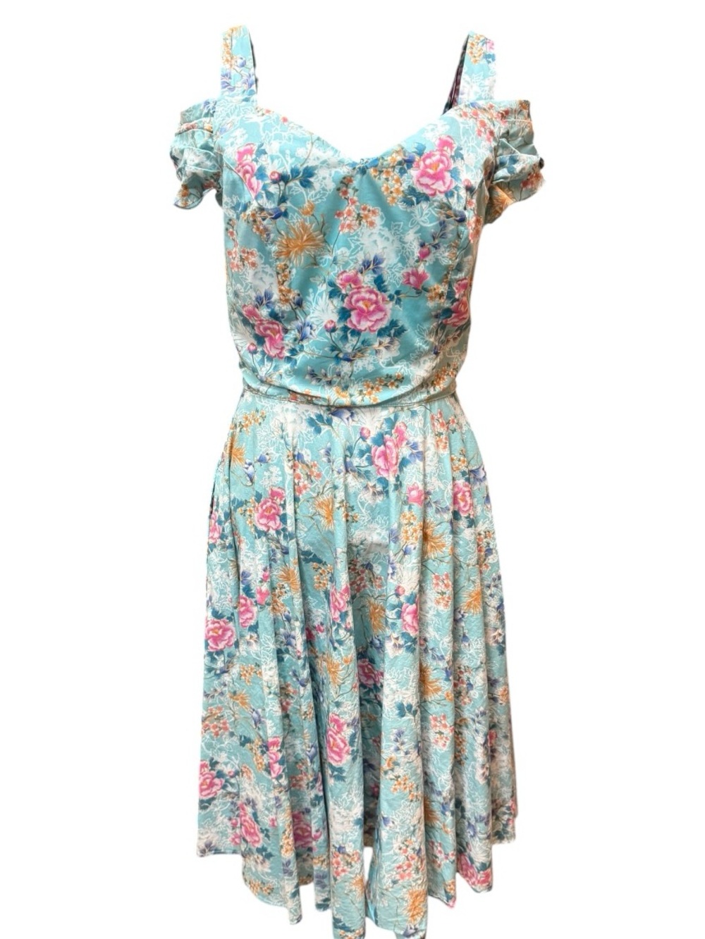 Hell Bunny Aqua Floral Off-Shoulder Midi Dress Pink Bloom Print